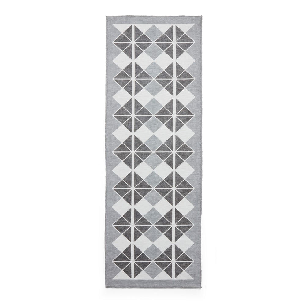 Victoria H1184 Modern Geometric Washable Runner Rugs in Grey Dark Grey